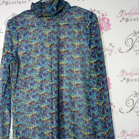 Tristan turtleneck mesh floral purple blue yellow stretchy top long sleeve sexy - Picture 4 of 9